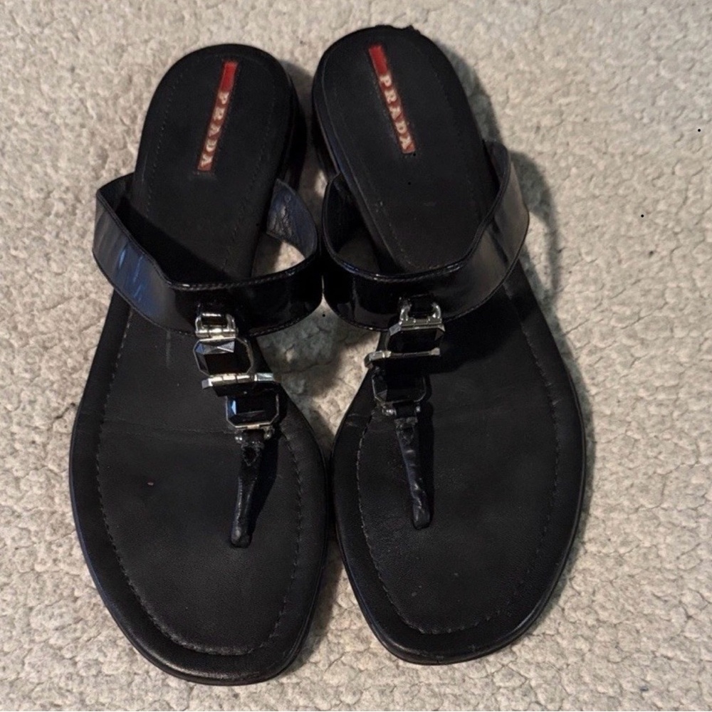 Prada Black Leather Thong Sandals with Silver Buckles